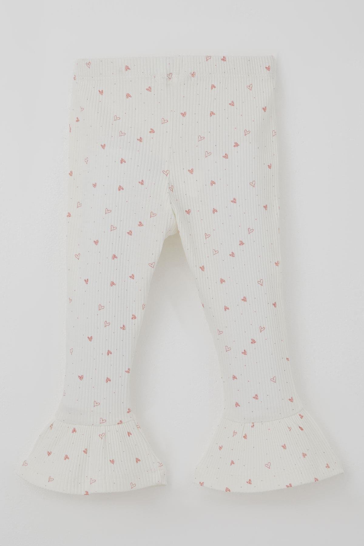 Breeze Kız Çocuk Taytlı Takım Kalp Desenli Paça Kısmı Fırfır Detaylı Ekru (3-7 Yaş)