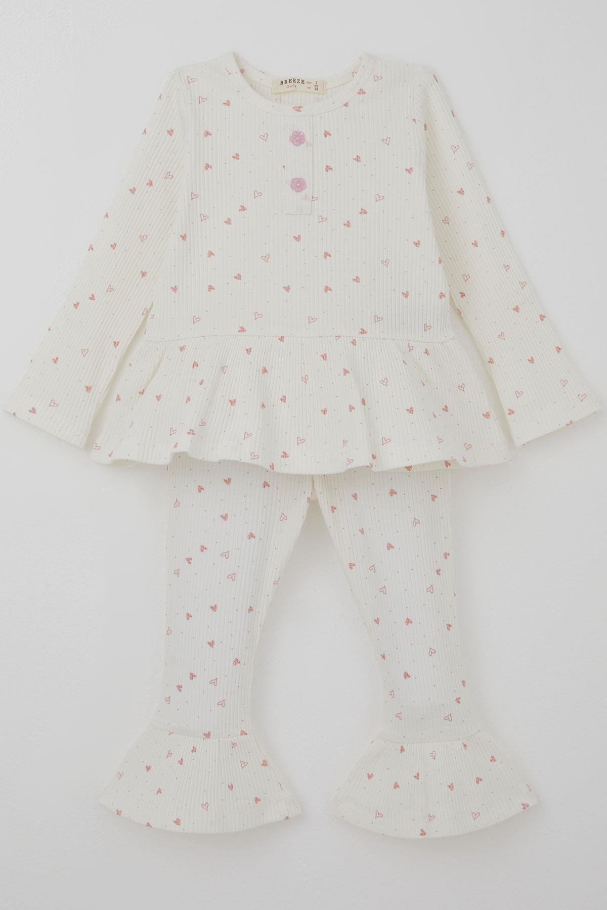 Breeze Kız Çocuk Taytlı Takım Kalp Desenli Paça Kısmı Fırfır Detaylı Ekru (3-7 Yaş)