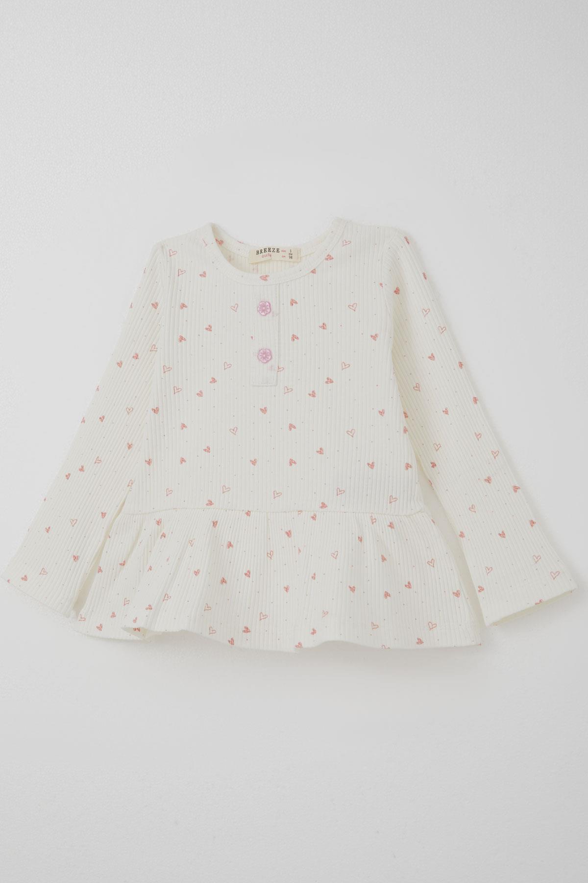 Breeze Kız Çocuk Taytlı Takım Kalp Desenli Paça Kısmı Fırfır Detaylı Ekru (3-7 Yaş)