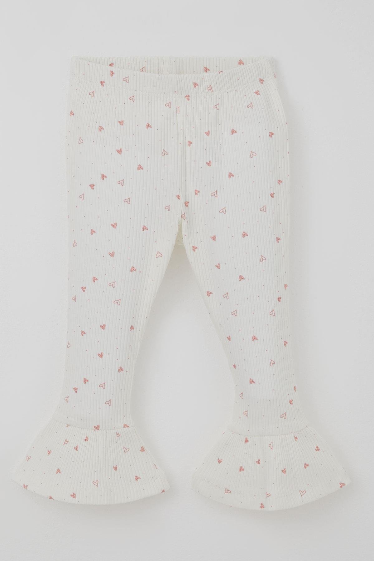 Breeze Kız Çocuk Taytlı Takım Kalp Desenli Paça Kısmı Fırfır Detaylı Ekru (3-7 Yaş)