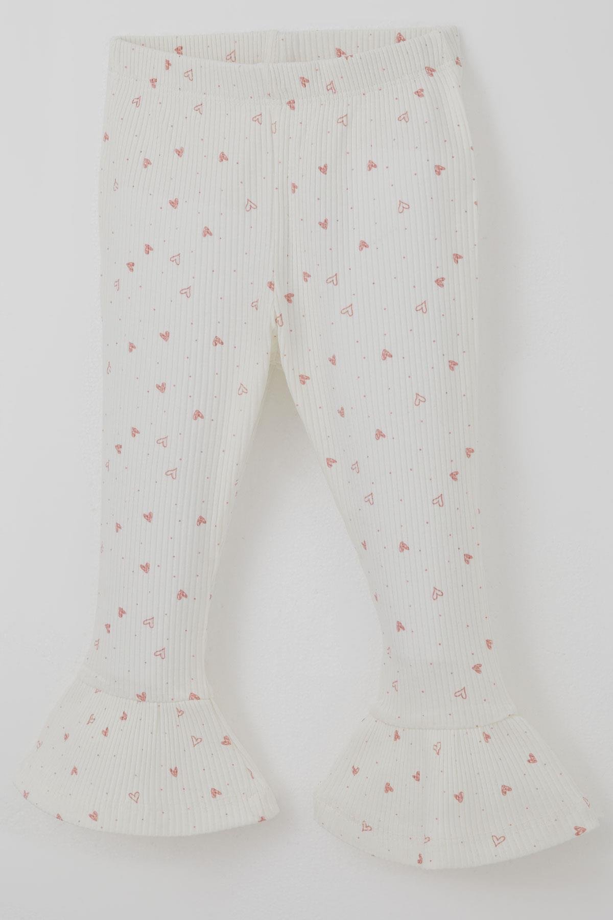 Breeze Kız Çocuk Taytlı Takım Kalp Desenli Paça Kısmı Fırfır Detaylı Ekru (3-7 Yaş)