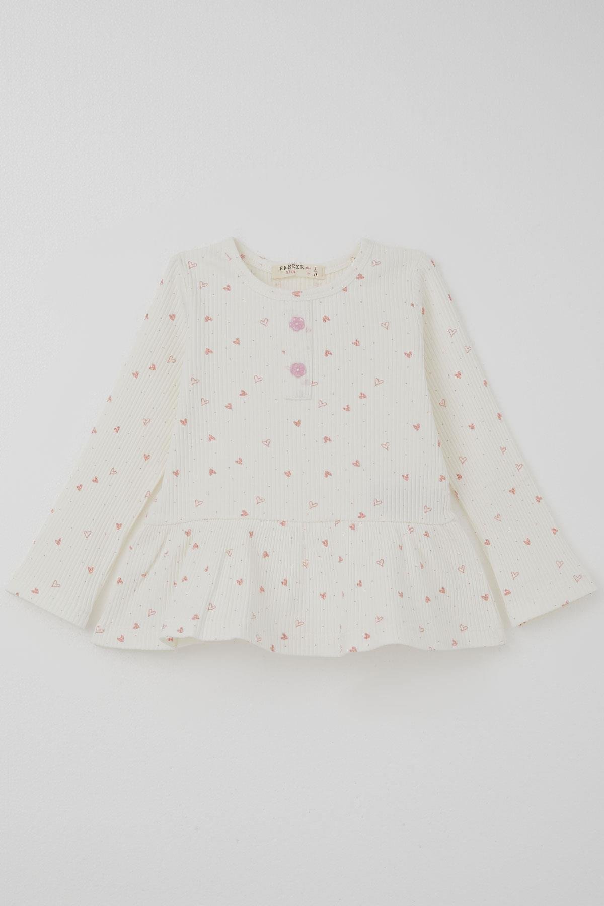 Breeze Kız Çocuk Taytlı Takım Kalp Desenli Paça Kısmı Fırfır Detaylı Ekru (3-7 Yaş)