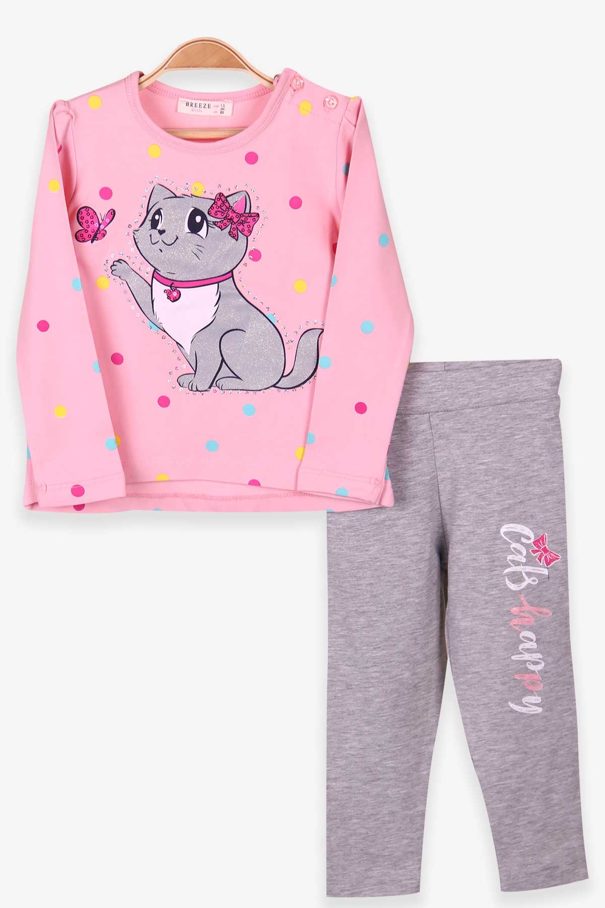 Breeze Kız Çocuk Taytlı Takım Kedi Baskılı Puantiyeli Pudra (1.5-5 Yaş)