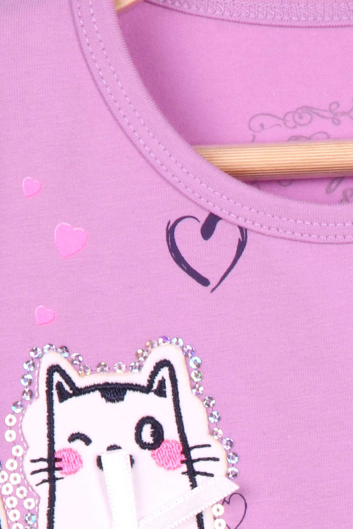 Breeze Kız Çocuk Taytlı Takım Kedi Desenli Eflatun (1.5-5 Yaş)