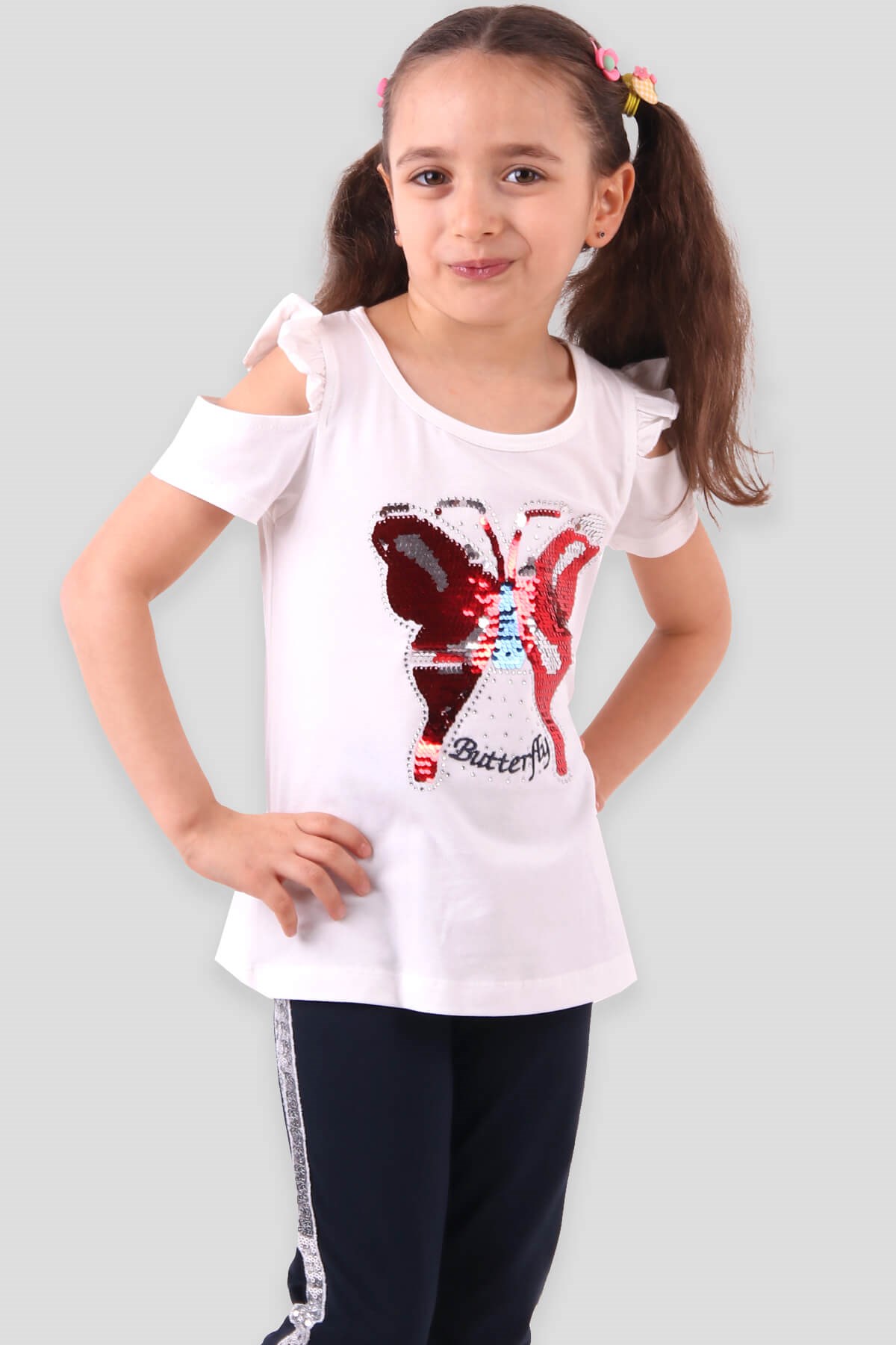 Breeze Kız Çocuk Taytlı Takım Kelebek Pullu Ekru (4-9 Yaş)