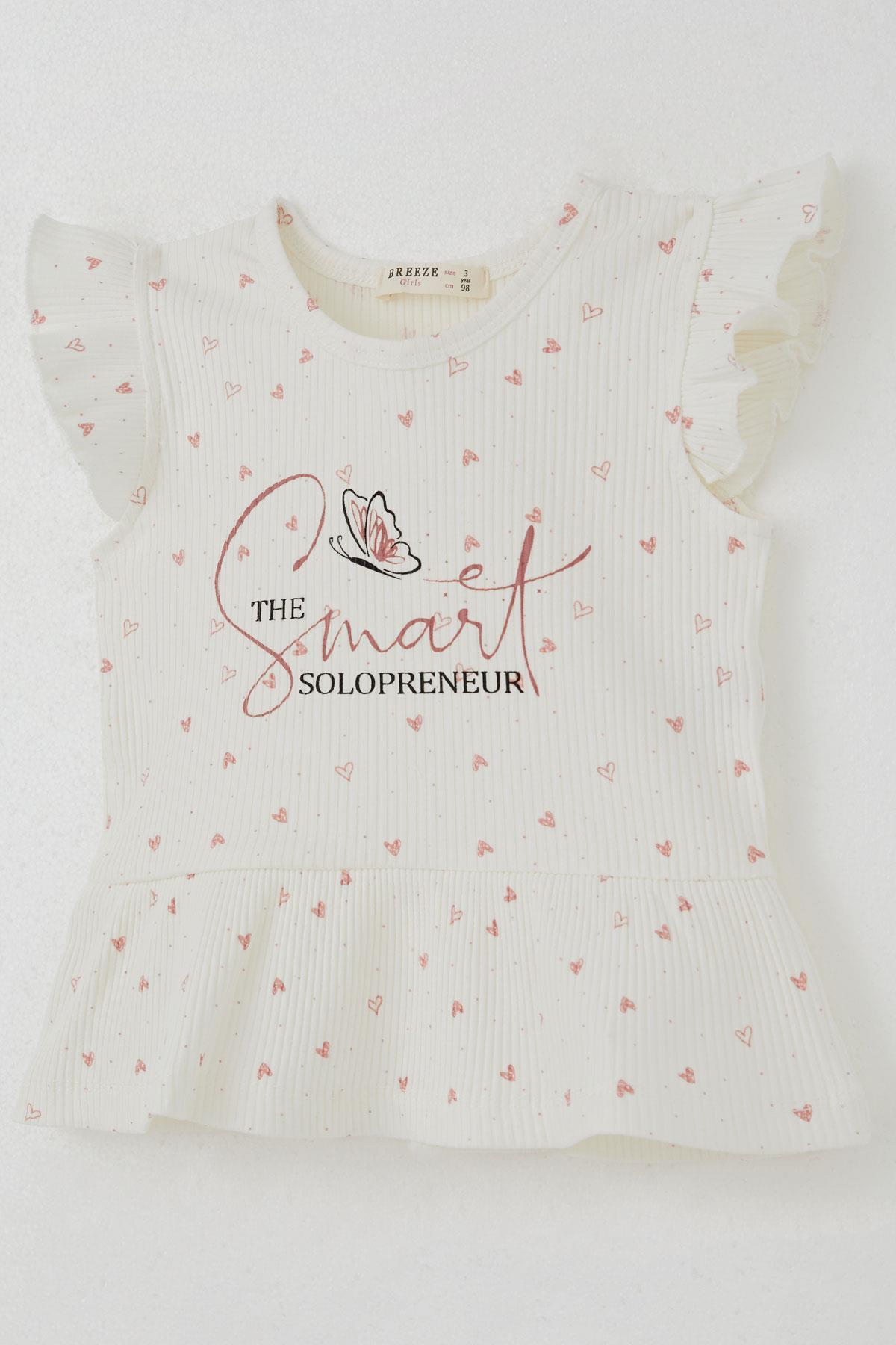 Breeze Kız Çocuk Taytlı Takım Minik Kalpler Desenli Yazı Baskılı Fırfırlı Ekru (2-6 Yaş)