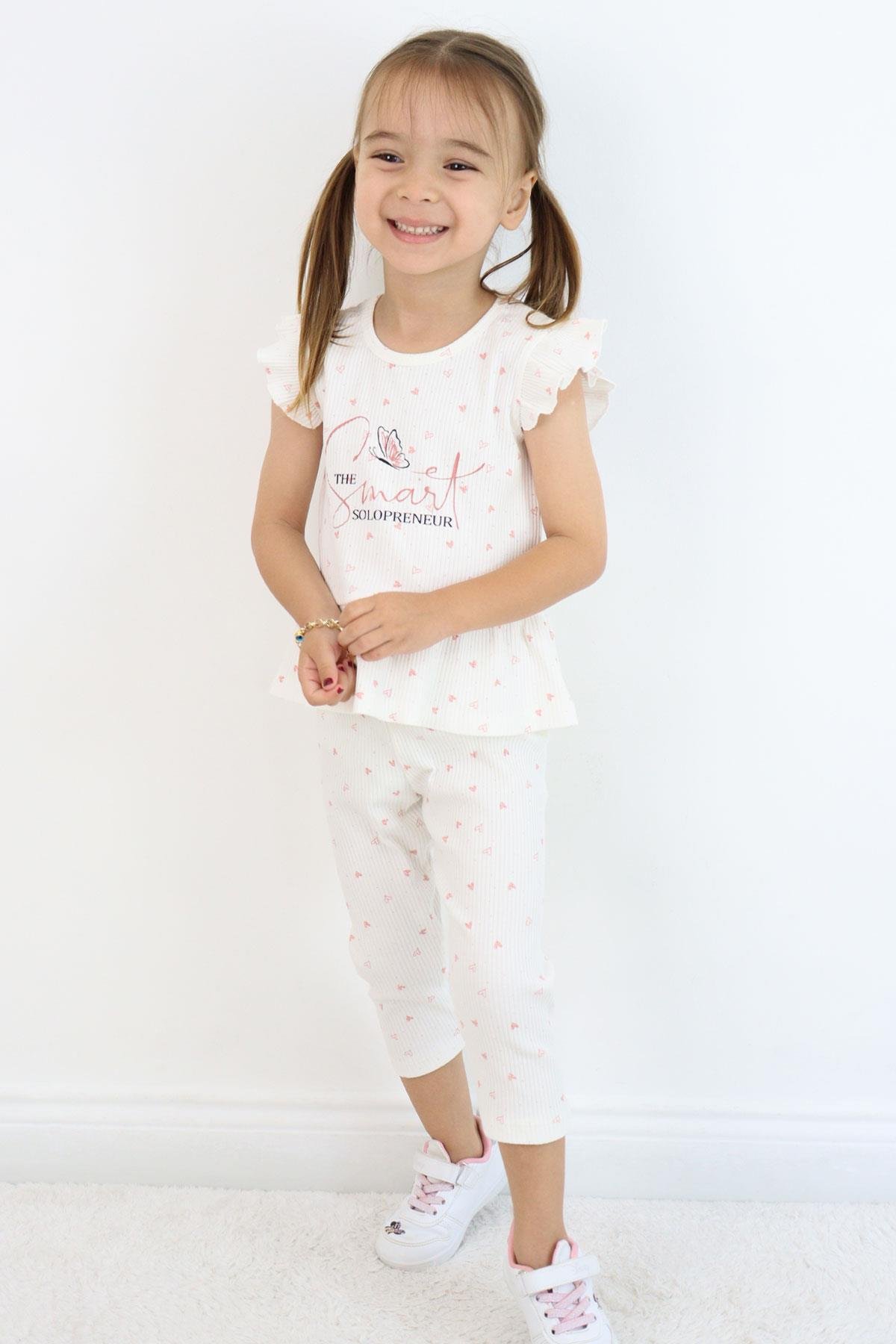 Breeze Kız Çocuk Taytlı Takım Minik Kalpler Desenli Yazı Baskılı Fırfırlı Ekru (2-6 Yaş)