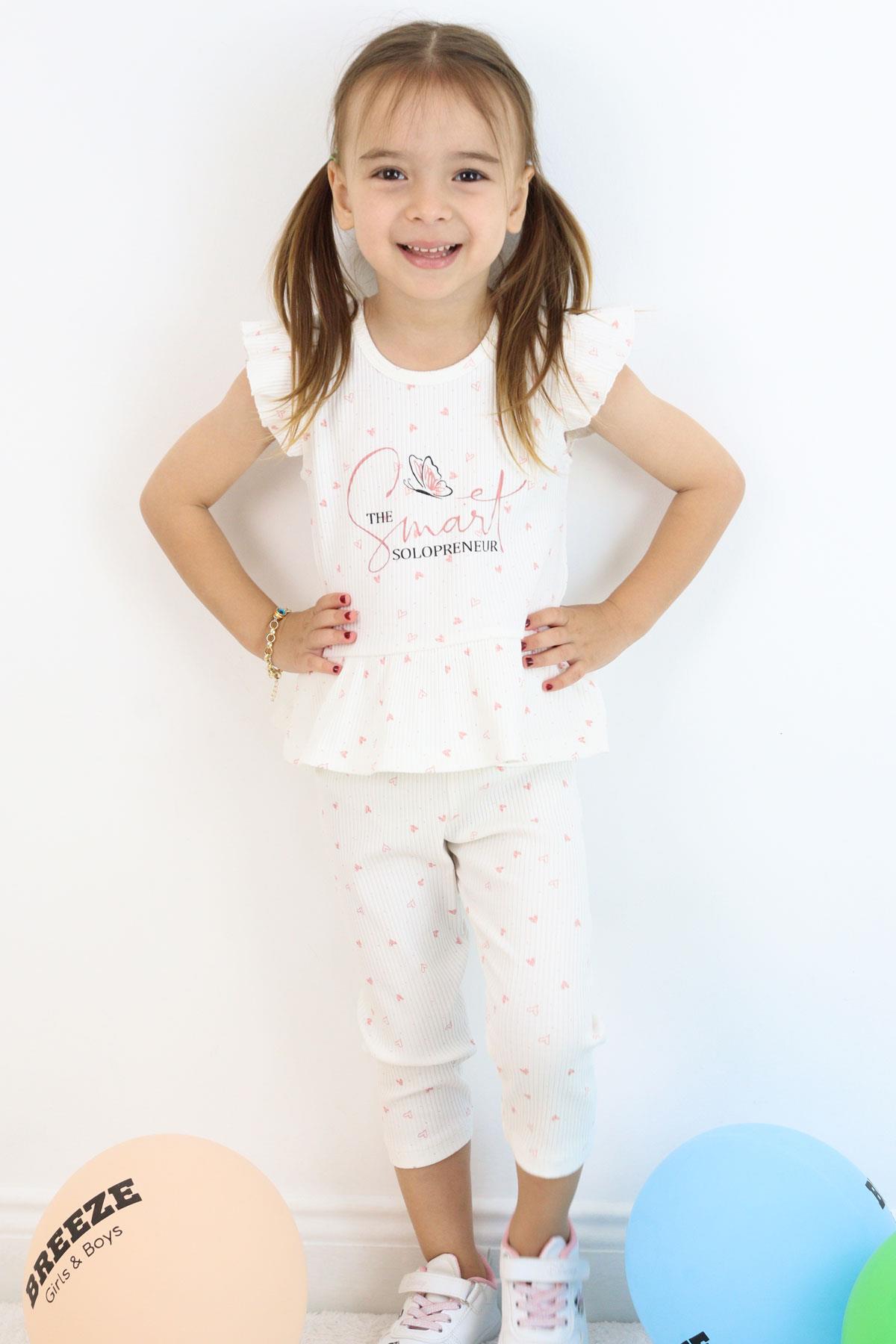 Breeze Kız Çocuk Taytlı Takım Minik Kalpler Desenli Yazı Baskılı Fırfırlı Ekru (2-6 Yaş)