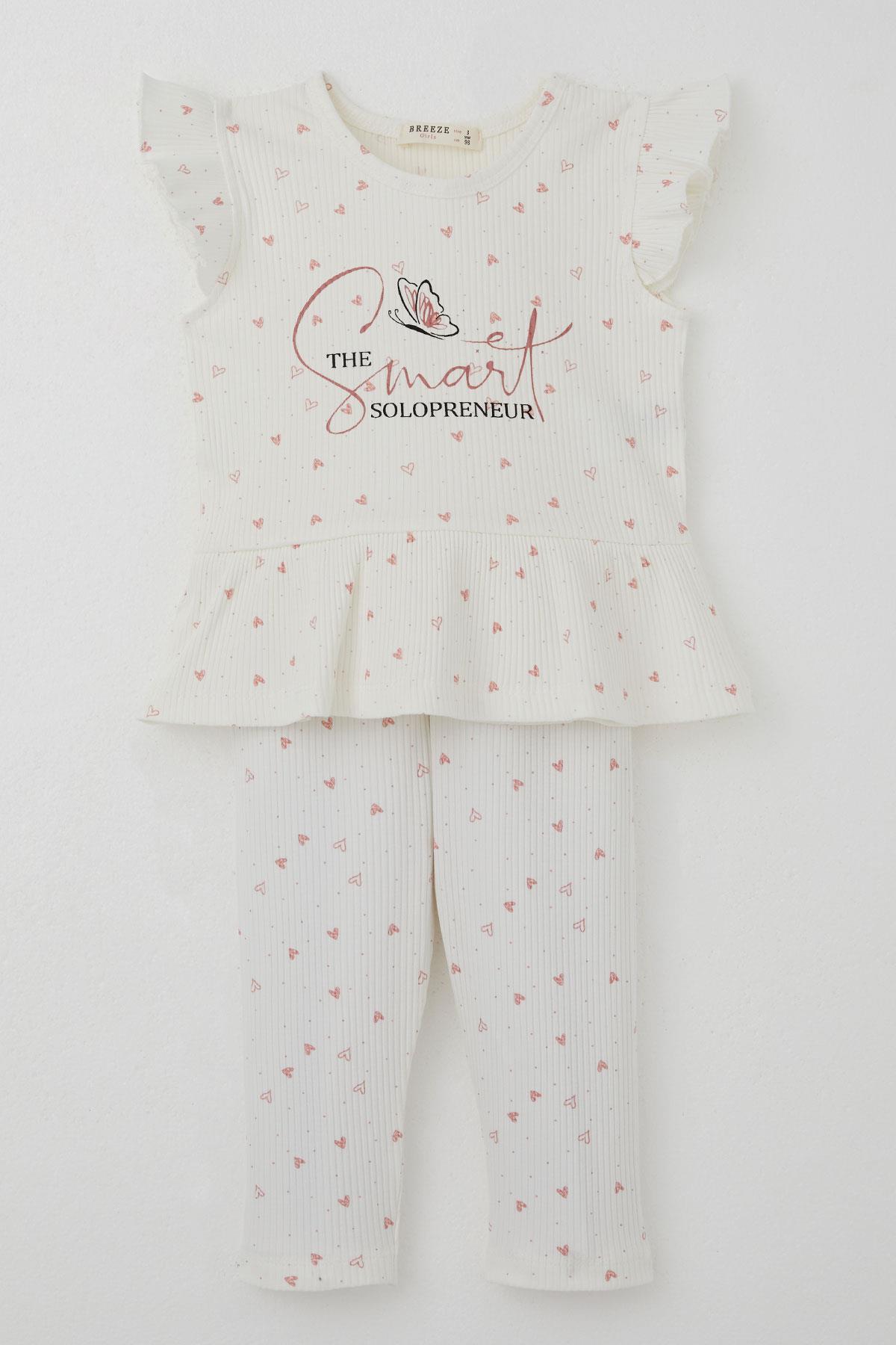 Breeze Kız Çocuk Taytlı Takım Minik Kalpler Desenli Yazı Baskılı Fırfırlı Ekru (2-6 Yaş)