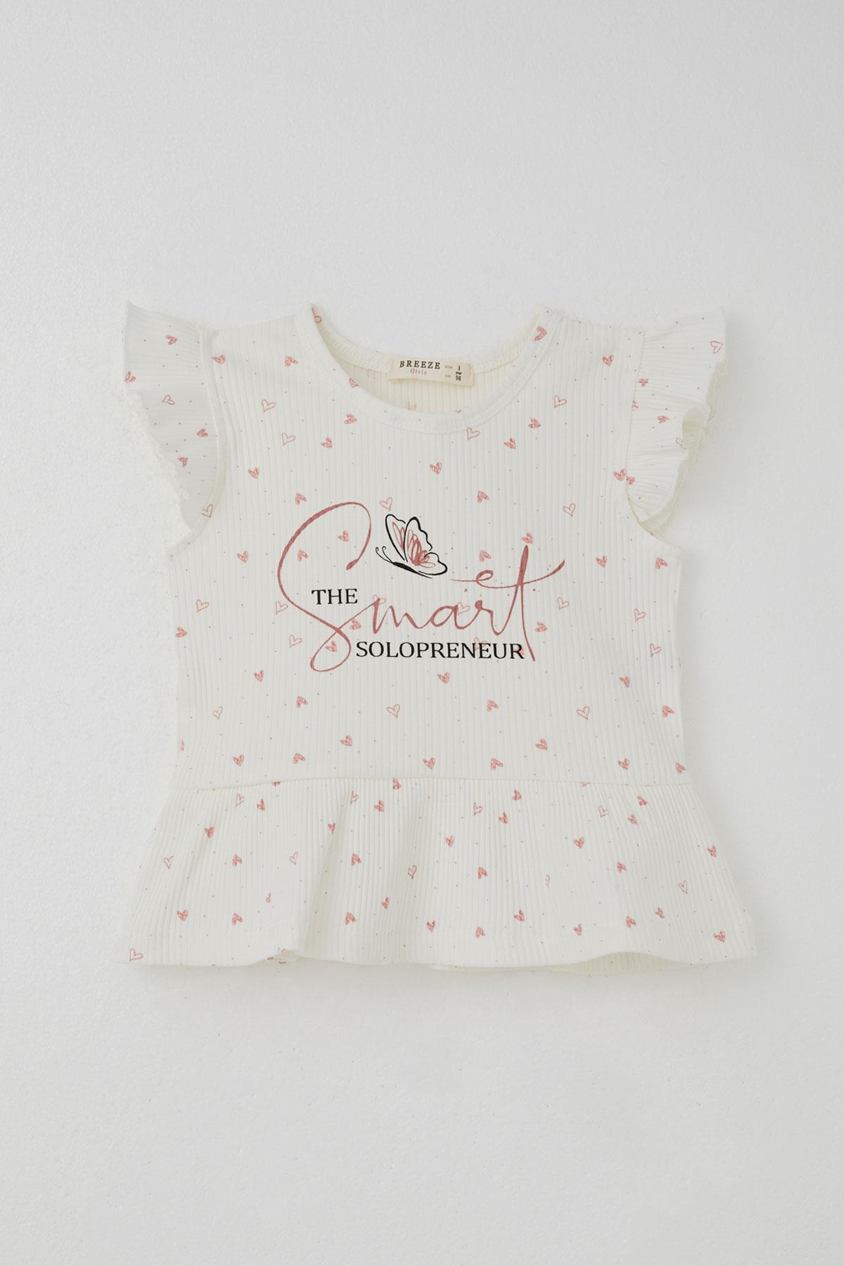 Breeze Kız Çocuk Taytlı Takım Minik Kalpler Desenli Yazı Baskılı Fırfırlı Ekru (2-6 Yaş)