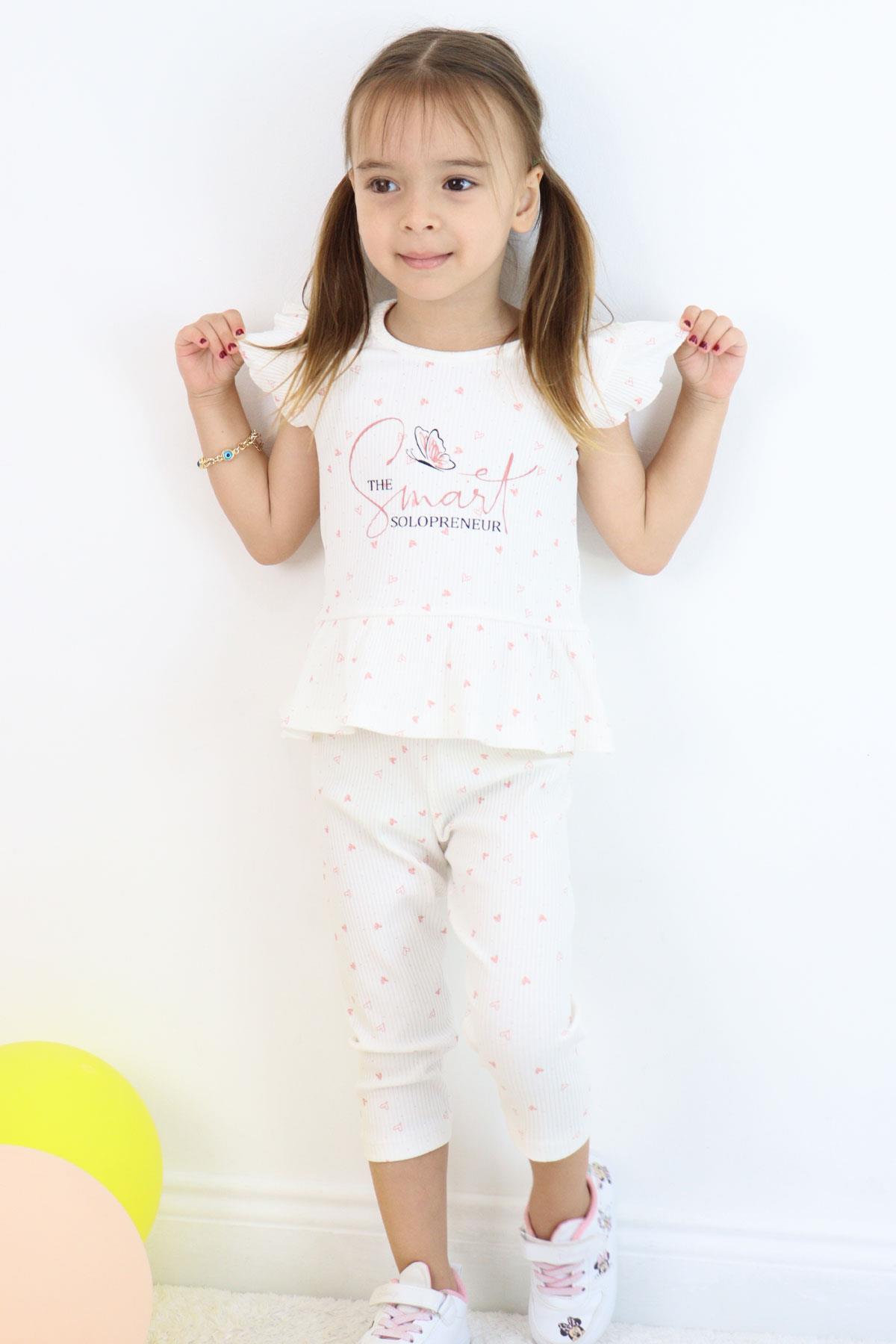 Breeze Kız Çocuk Taytlı Takım Minik Kalpler Desenli Yazı Baskılı Fırfırlı Ekru (2-6 Yaş)