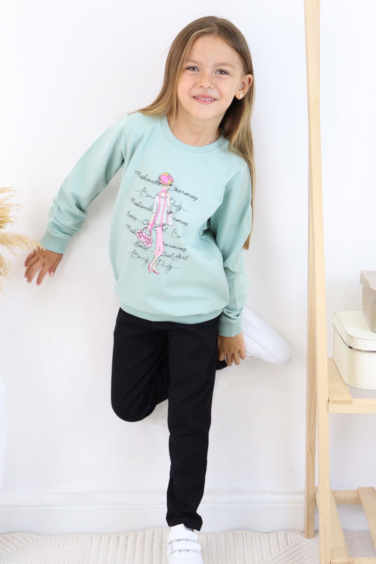 Breeze Kız Çocuk Taytlı Takım Moda Temalı Havalı Kız Baskılı Mint Yeşili (5-10 Yaş)