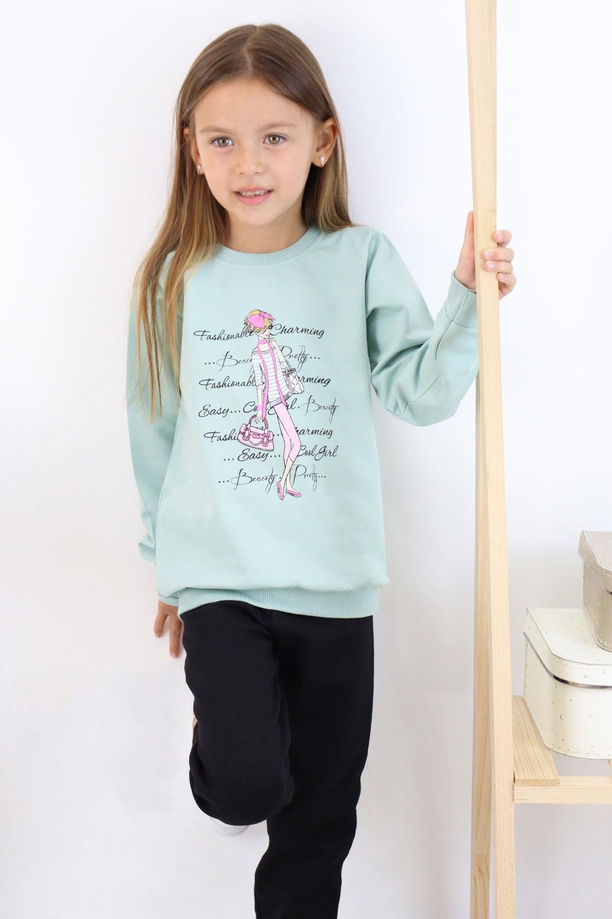 Breeze Kız Çocuk Taytlı Takım Moda Temalı Havalı Kız Baskılı Mint Yeşili (5-10 Yaş)