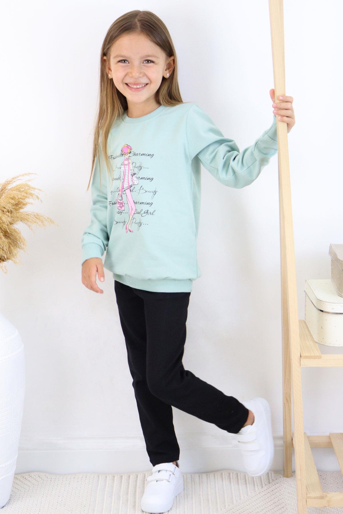 Breeze Kız Çocuk Taytlı Takım Moda Temalı Havalı Kız Baskılı Mint Yeşili (5-10 Yaş)