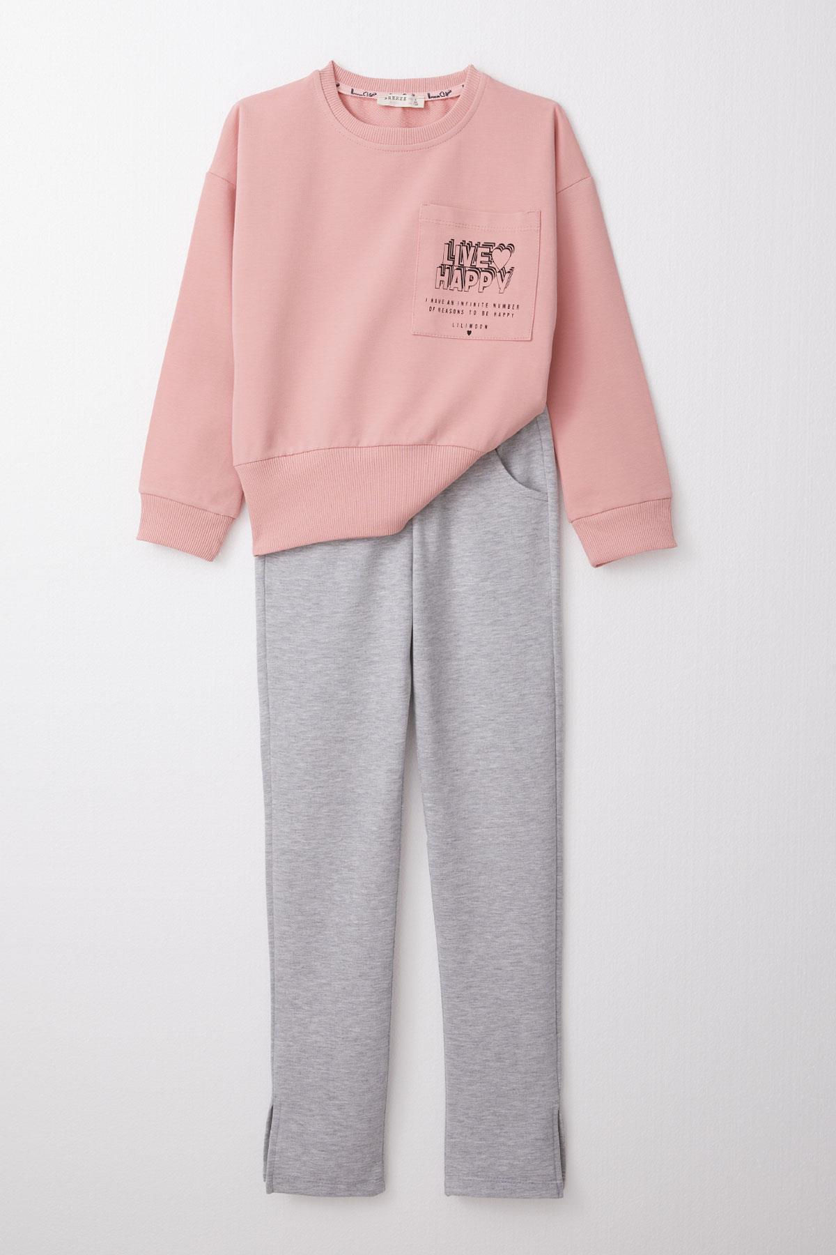 Breeze Kız Çocuk Taytlı Takım Motivasyon Temalı Paçası Yırtmaçlı Gülkurusu (5-10 Yaş)