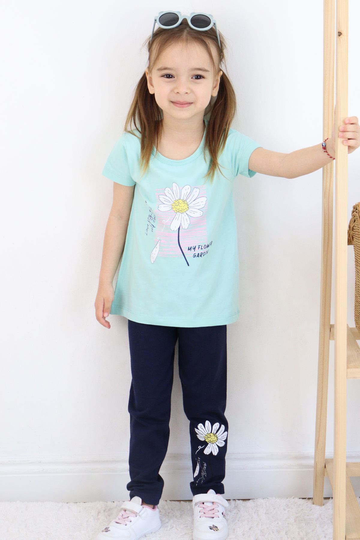 Breeze Kız Çocuk Taytlı Takım Papatya Baskılı Su Yeşili (4-9 Yaş)