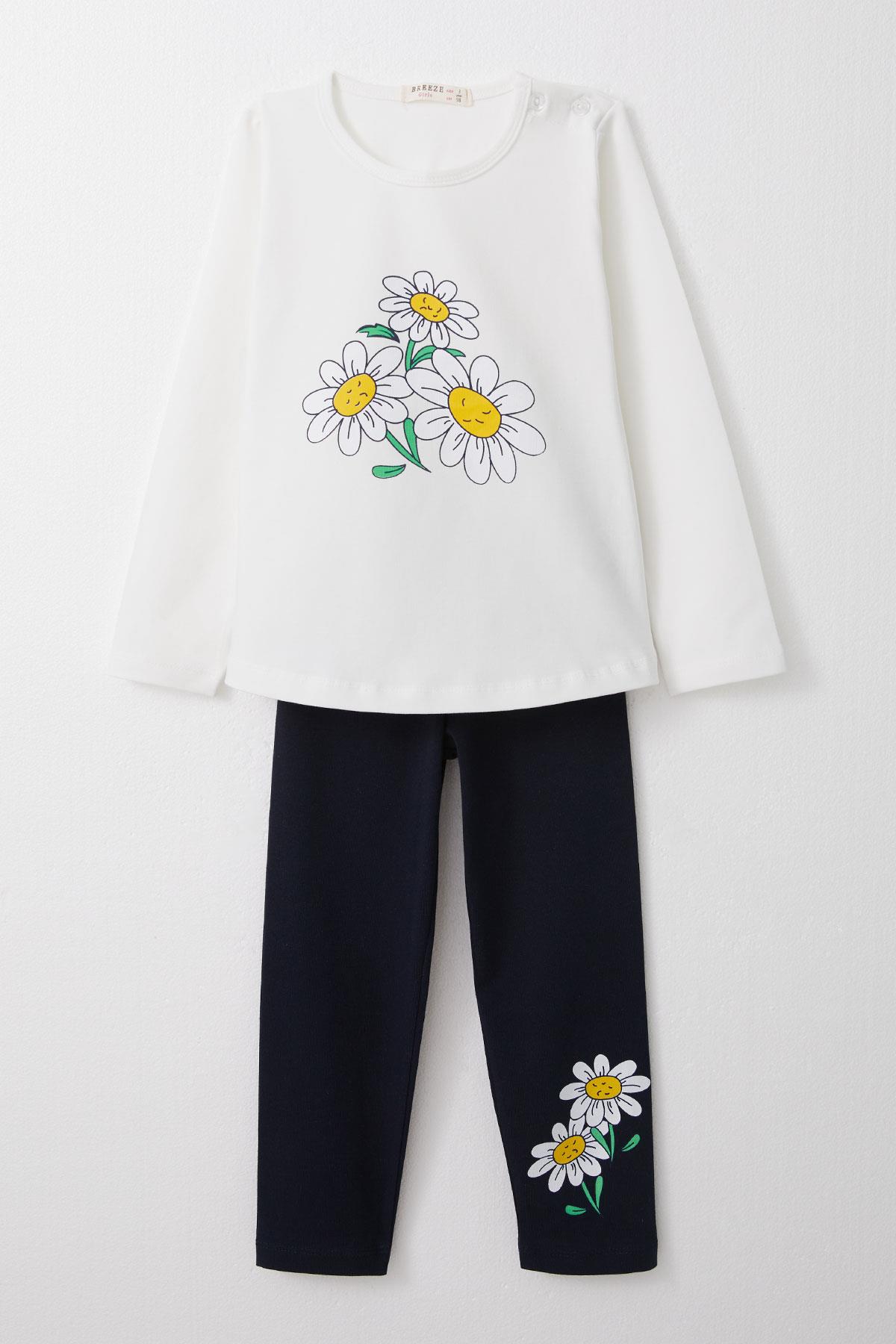 Breeze Kız Çocuk Taytlı Takım Papatya Baskılı Beyaz (1.5-5 Yaş)