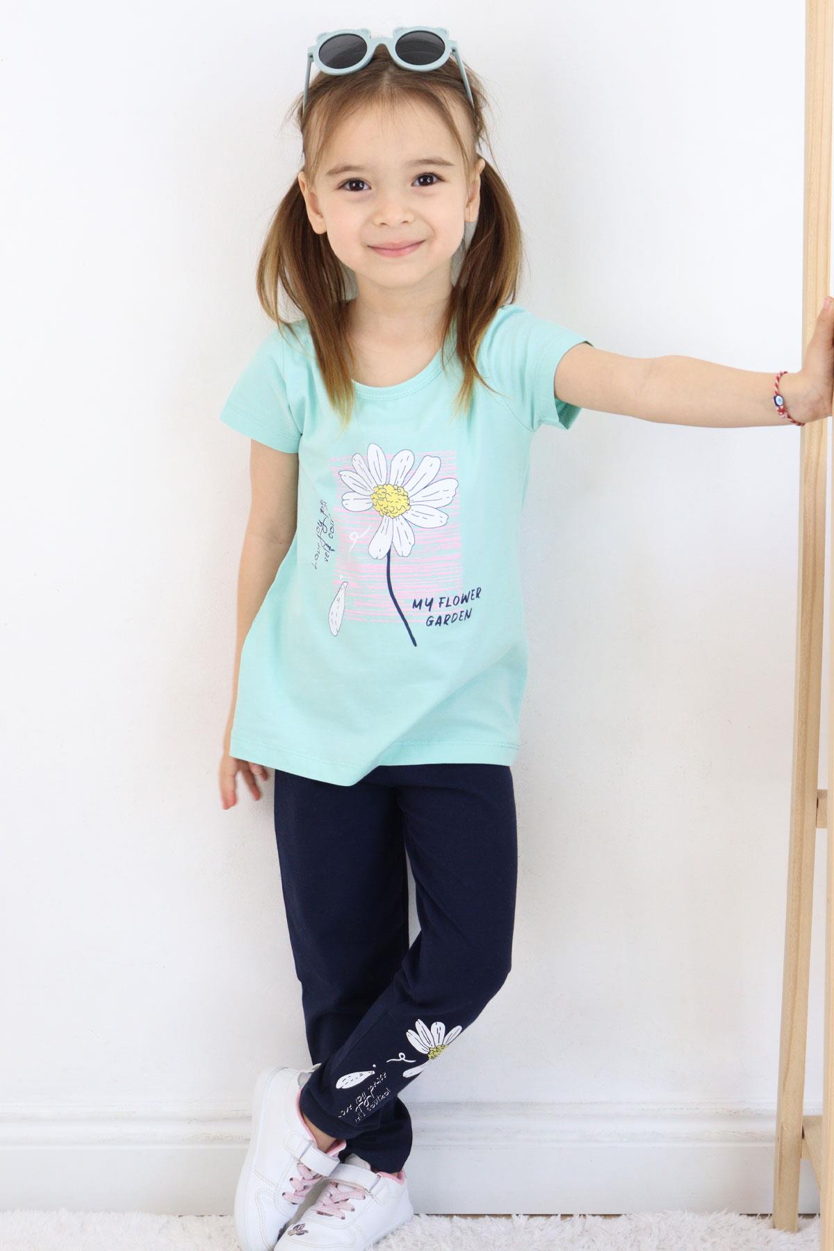 Breeze Kız Çocuk Taytlı Takım Papatya Baskılı Su Yeşili (4-9 Yaş)