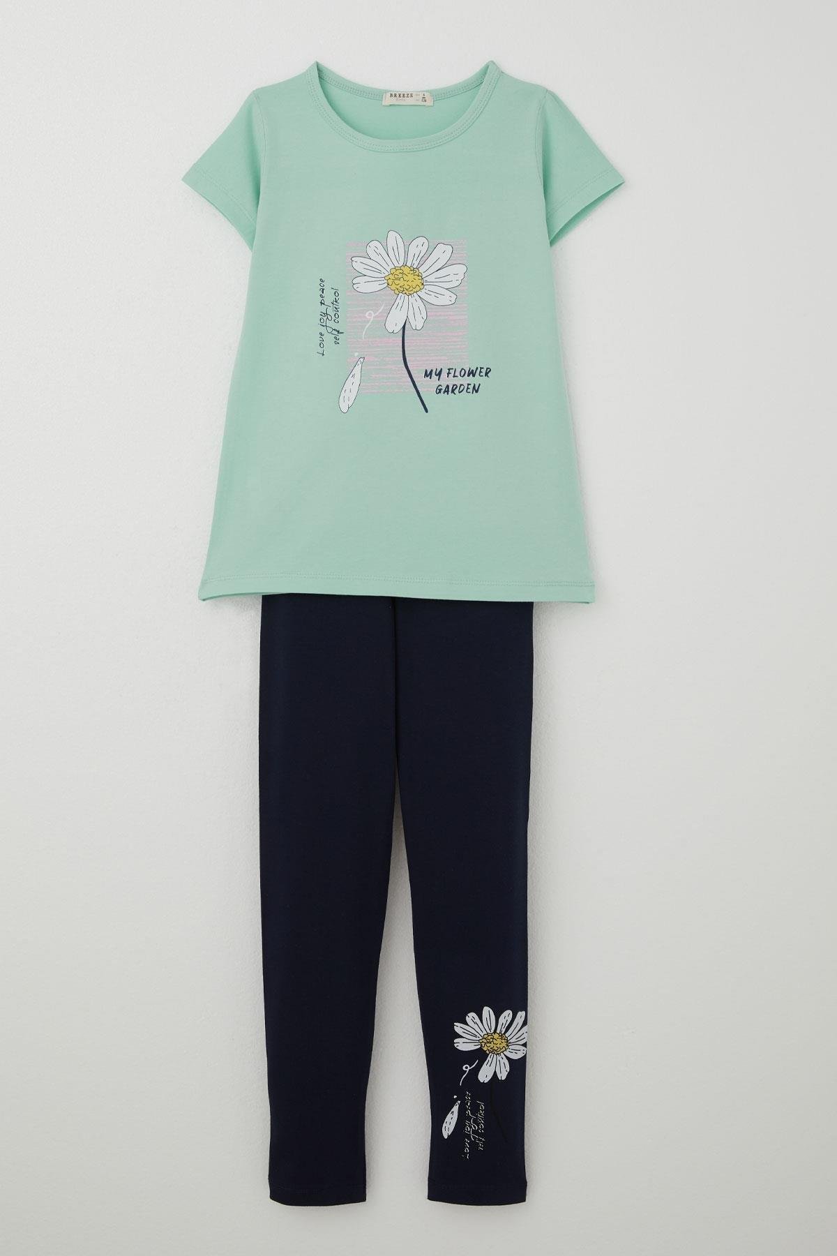Breeze Kız Çocuk Taytlı Takım Papatya Baskılı Su Yeşili (4-9 Yaş)