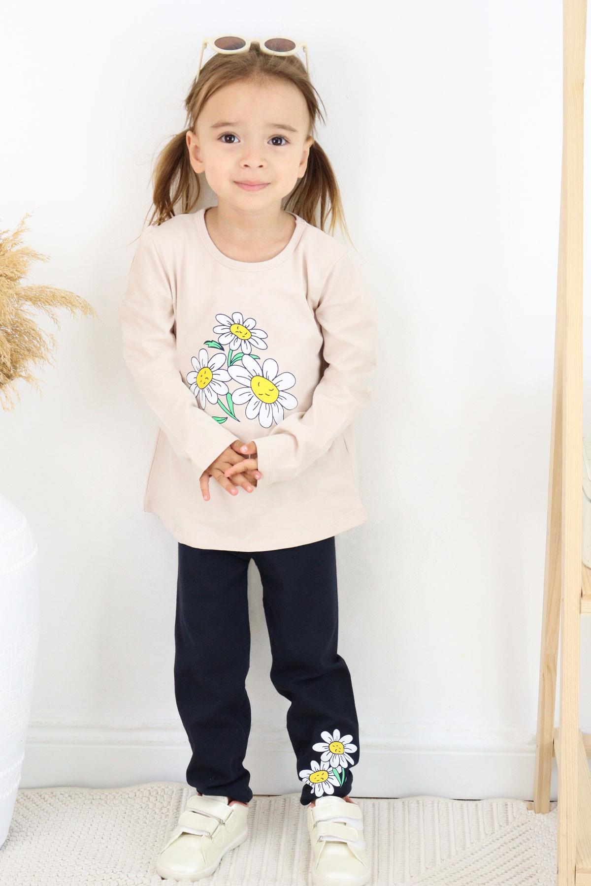 Breeze Kız Çocuk Taytlı Takım Papatya Baskılı Bej (1.5-5 Yaş)