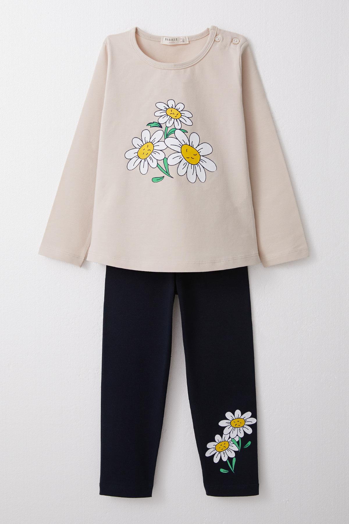 Breeze Kız Çocuk Taytlı Takım Papatya Baskılı Bej (1.5-5 Yaş)
