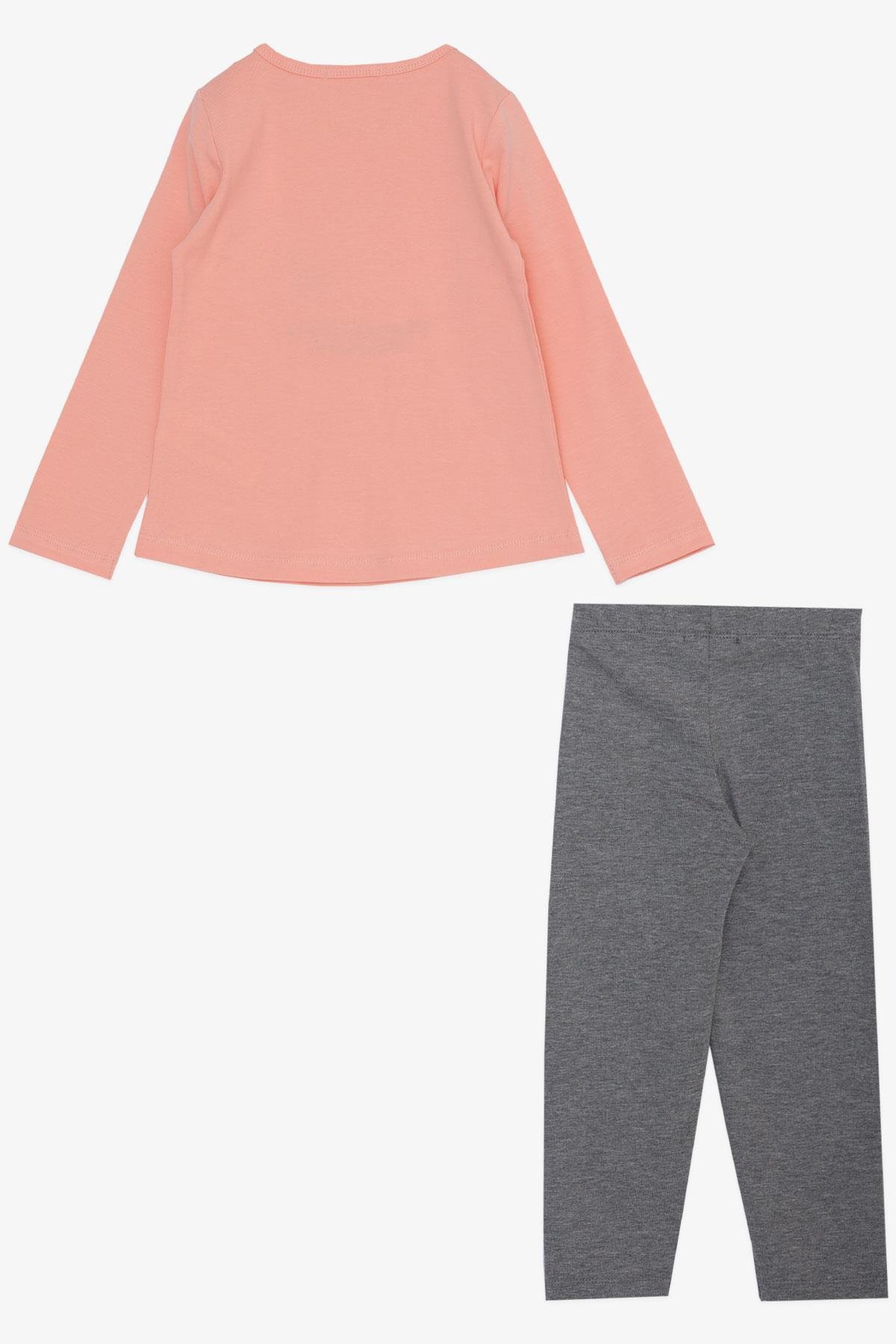 Breeze Kız Çocuk Taytlı Takım Parfüm Şişesi Nakış Baskılı Güpürlü Kalpli Somon (1.5-5 Yaş)