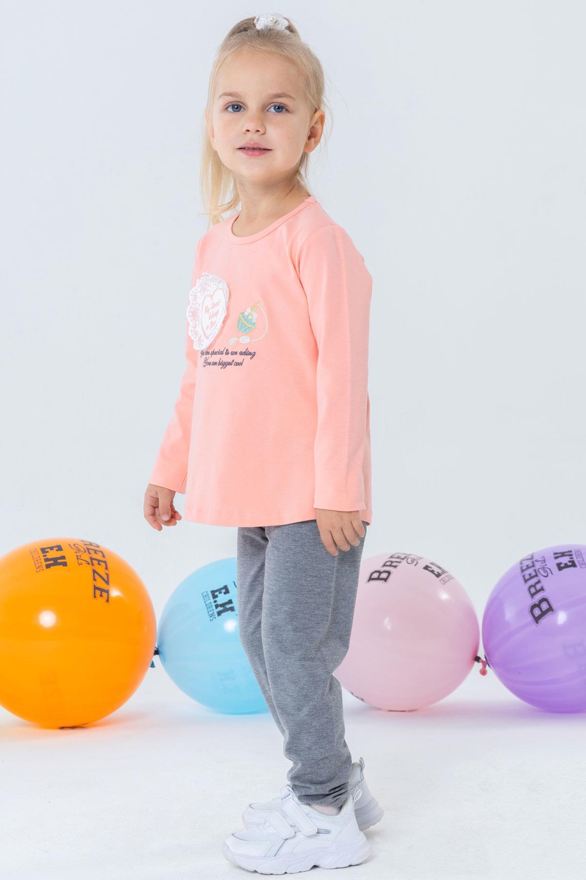 Breeze Kız Çocuk Taytlı Takım Parfüm Şişesi Nakış Baskılı Güpürlü Kalpli Somon (1.5-5 Yaş)