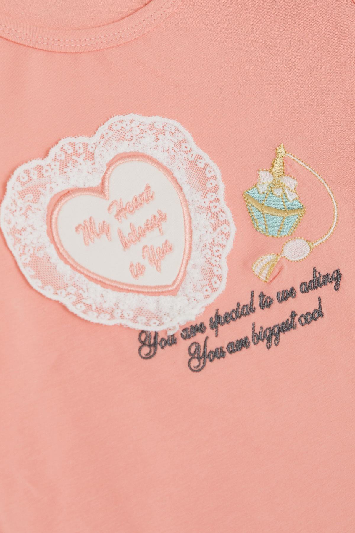 Breeze Kız Çocuk Taytlı Takım Parfüm Şişesi Nakış Baskılı Güpürlü Kalpli Somon (1.5-5 Yaş)