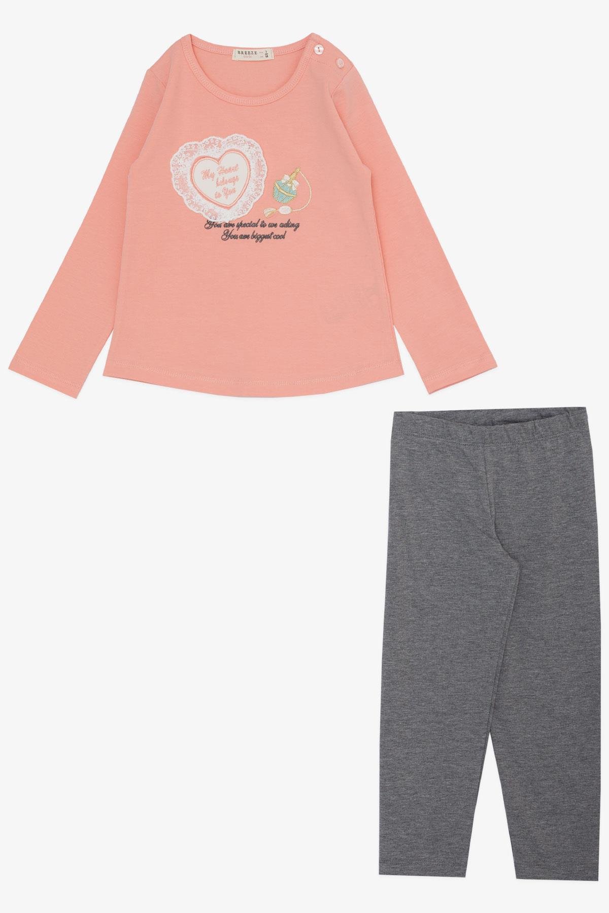 Breeze Kız Çocuk Taytlı Takım Parfüm Şişesi Nakış Baskılı Güpürlü Kalpli Somon (1.5-5 Yaş)