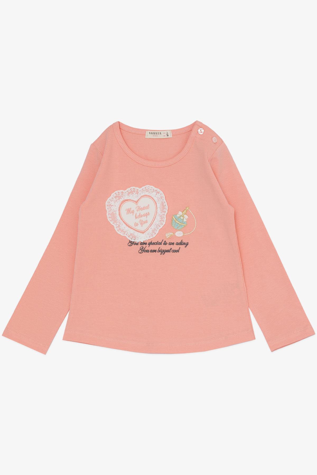 Breeze Kız Çocuk Taytlı Takım Parfüm Şişesi Nakış Baskılı Güpürlü Kalpli Somon (1.5-5 Yaş)