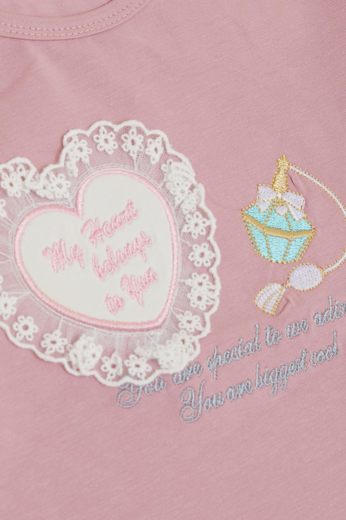 Breeze Kız Çocuk Taytlı Takım Parfüm Şişesi Nakış Baskılı Güpürlü Kalpli Gülkurusu (1.5-5 Yaş)