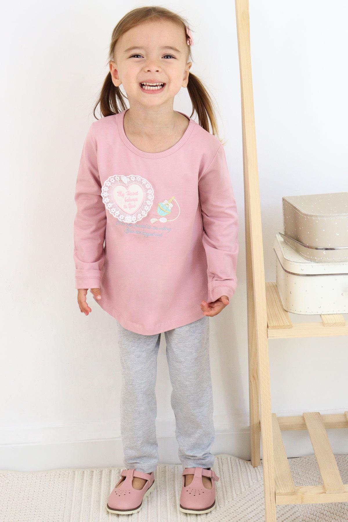 Breeze Kız Çocuk Taytlı Takım Parfüm Şişesi Nakış Baskılı Güpürlü Kalpli Gülkurusu (1.5-5 Yaş)