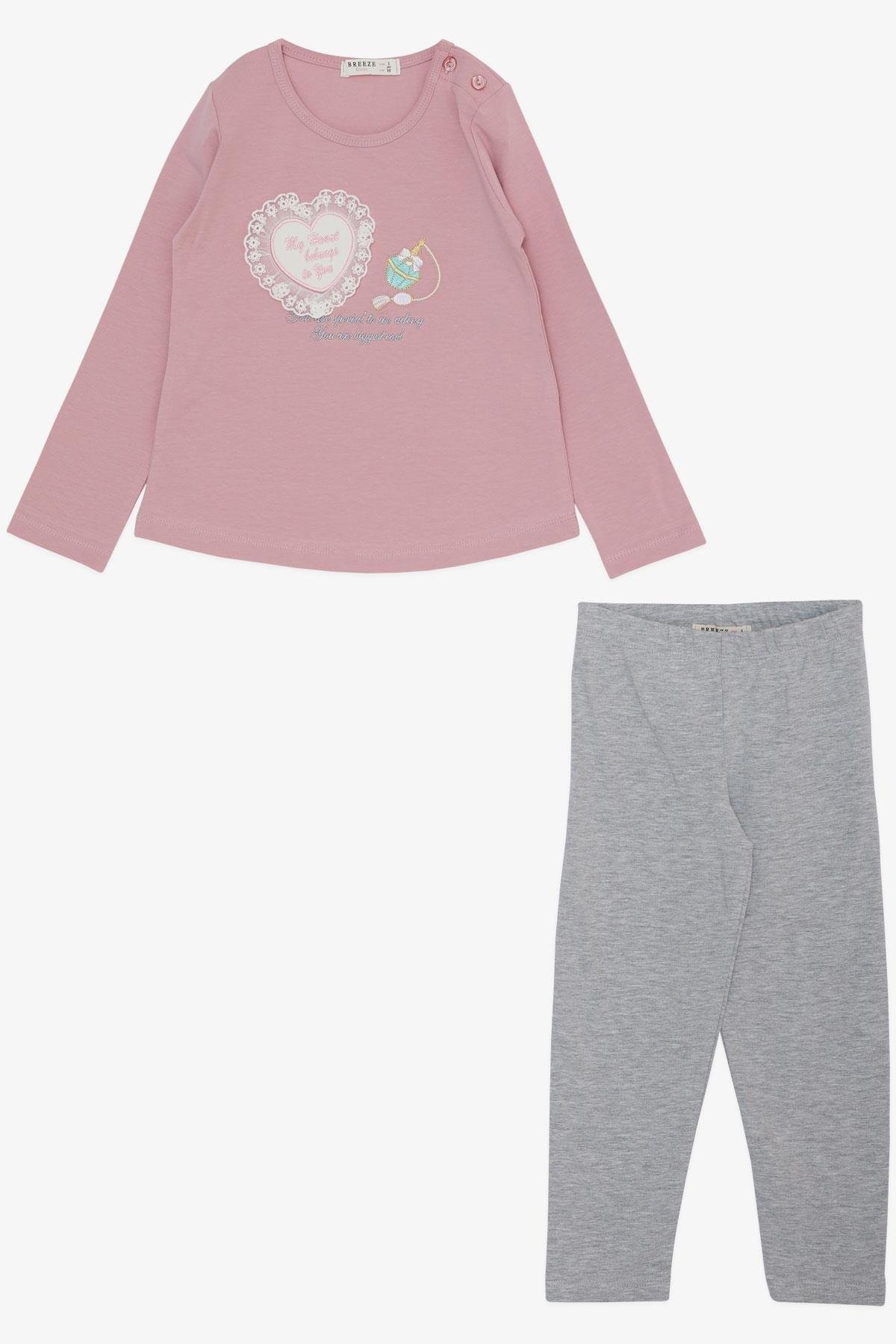 Breeze Kız Çocuk Taytlı Takım Parfüm Şişesi Nakış Baskılı Güpürlü Kalpli Gülkurusu (1.5-5 Yaş)