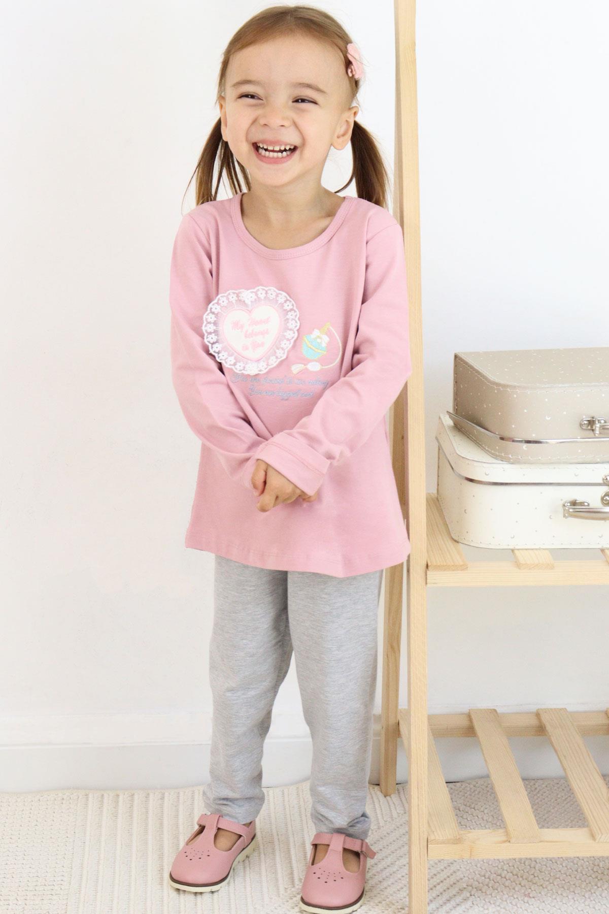 Breeze Kız Çocuk Taytlı Takım Parfüm Şişesi Nakış Baskılı Güpürlü Kalpli Gülkurusu (1.5-5 Yaş)