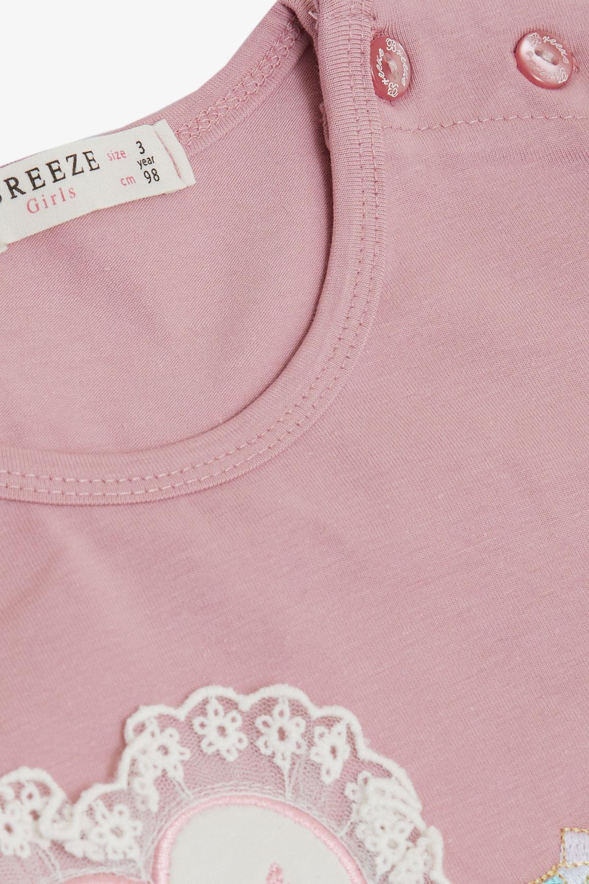 Breeze Kız Çocuk Taytlı Takım Parfüm Şişesi Nakış Baskılı Güpürlü Kalpli Gülkurusu (1.5-5 Yaş)