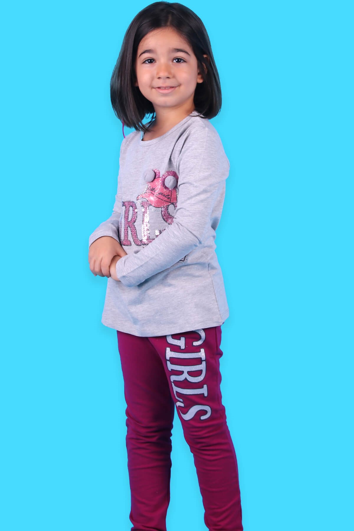 Breeze Kız Çocuk Taytlı Takım Pul İşlemeli Gri-Fuşya (4-9 Yaş)