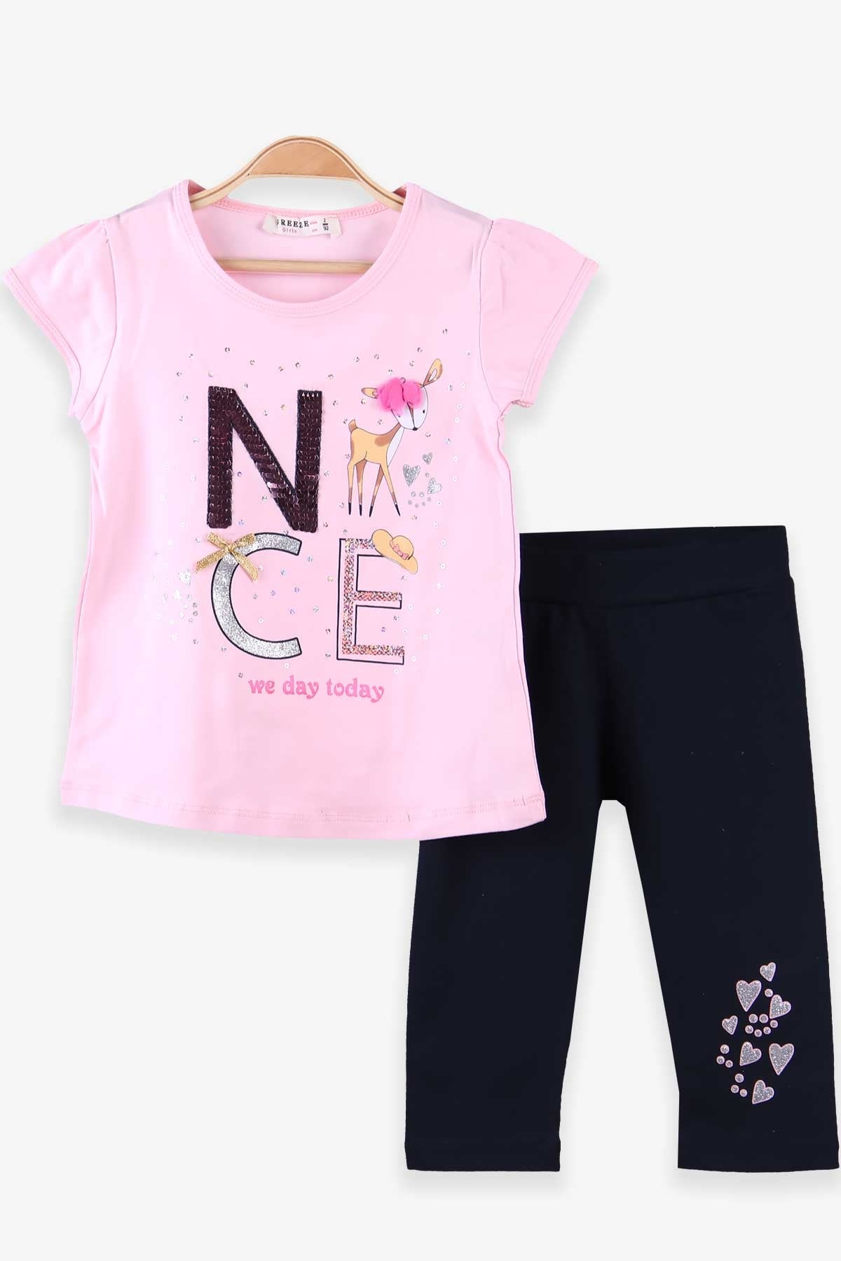 Breeze Kız Çocuk Taytlı Takım Pullu Ceylan Baskılı Pembe (2-3 Yaş)