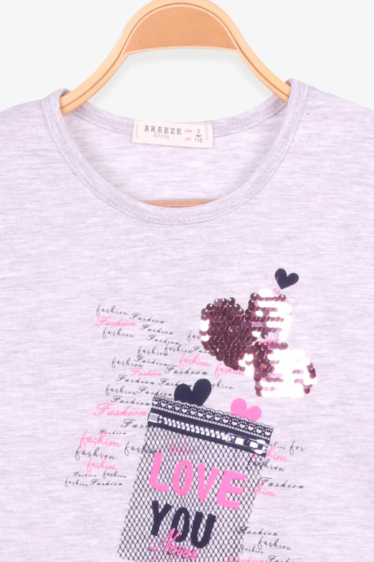 Breeze Kız Çocuk Taytlı Takım Pullu Kalp Desenli Açık Gri Melanj (5-10 Yaş)