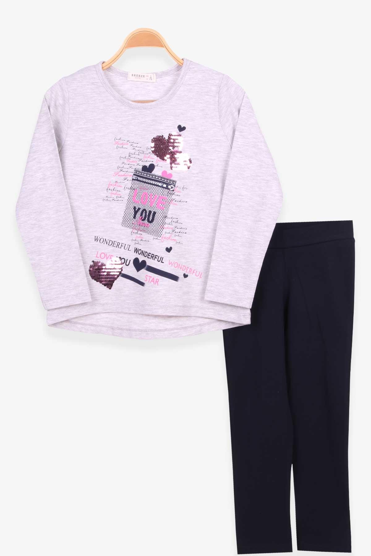 Breeze Kız Çocuk Taytlı Takım Pullu Kalp Desenli Açık Gri Melanj (5-10 Yaş)
