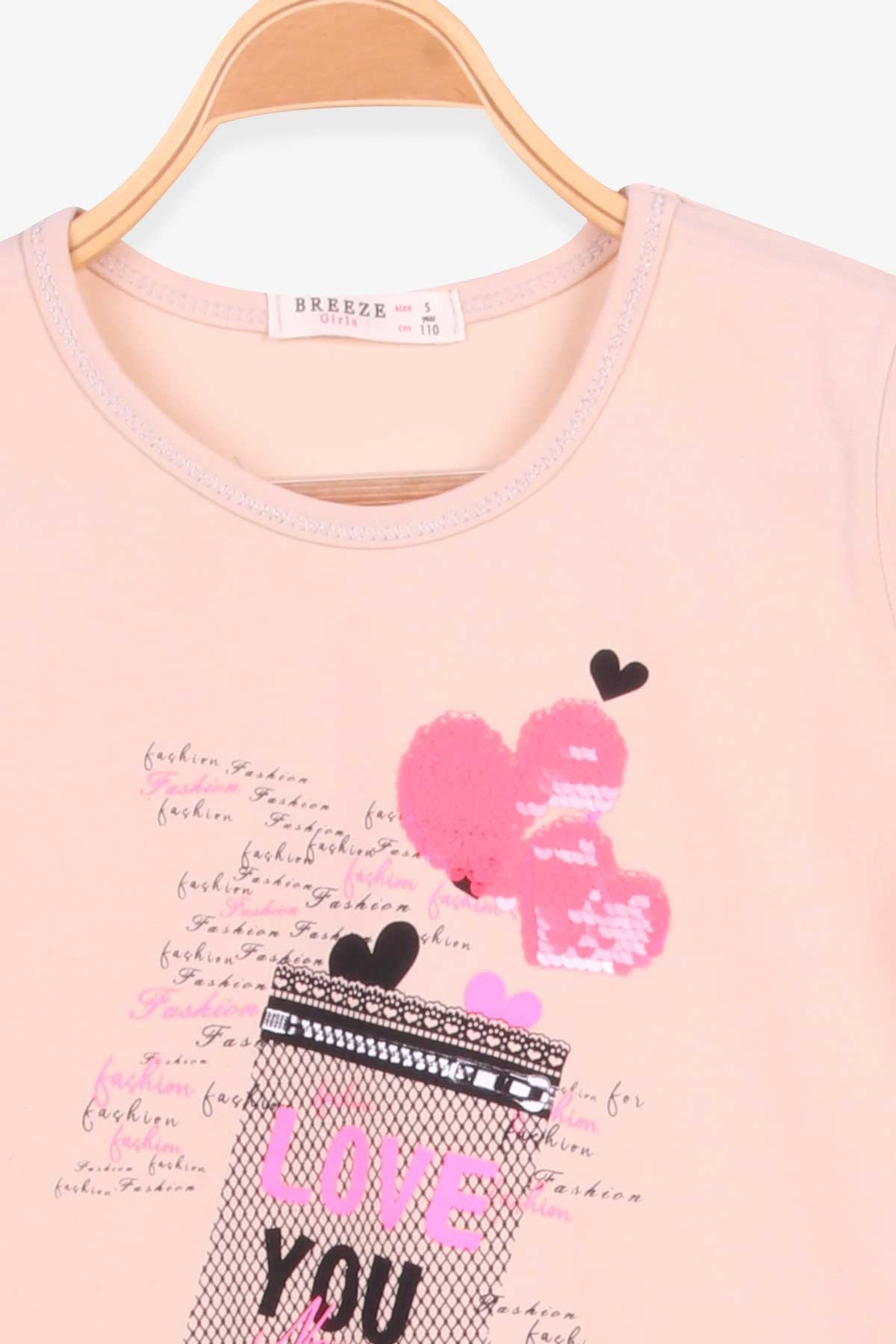 Breeze Kız Çocuk Taytlı Takım Pullu Kalp Desenli Bej (5-10 Yaş)