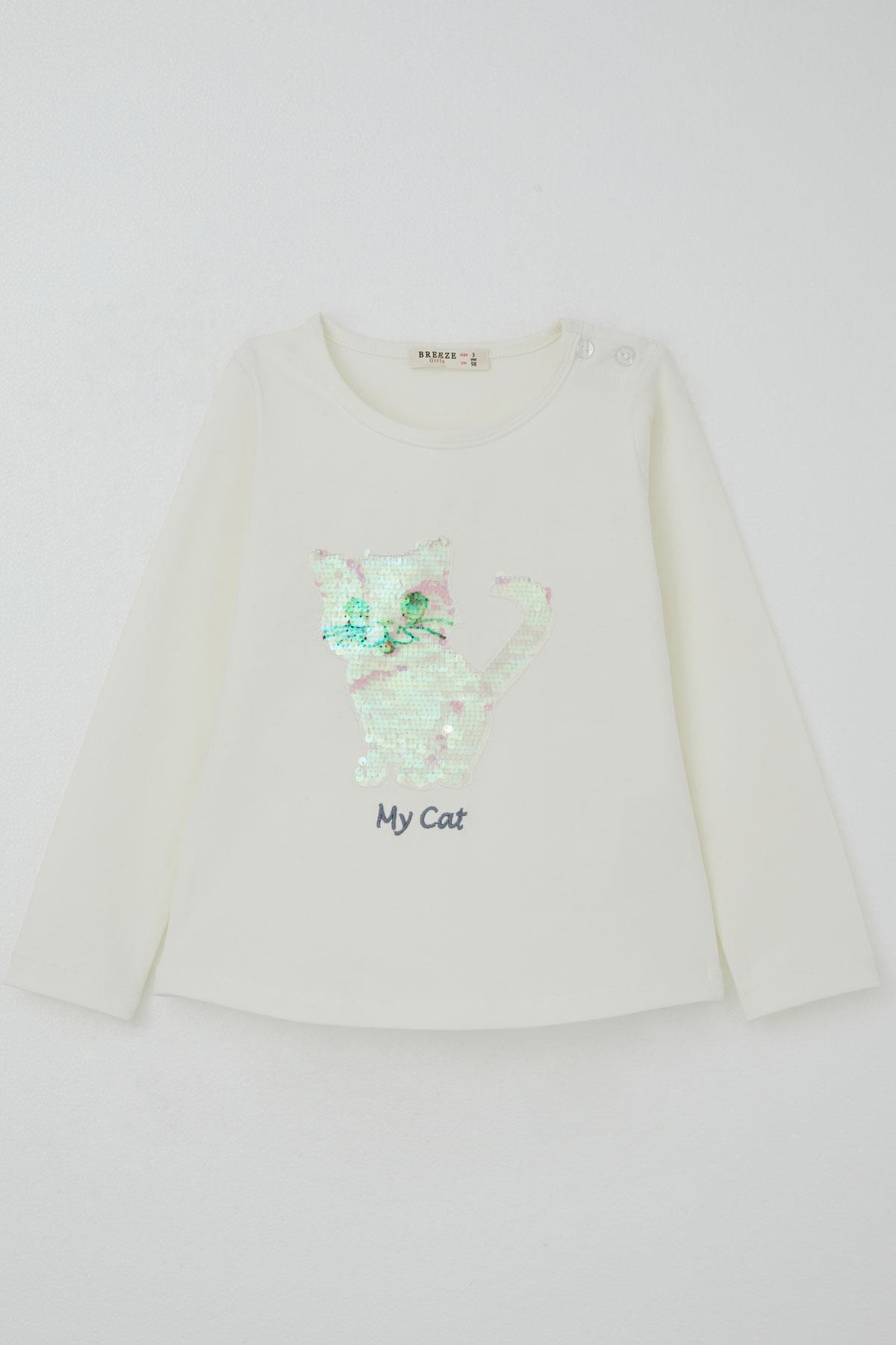 Breeze Kız Çocuk Taytlı Takım Pullu Kedicik Baskılı Nakışlı Ekru (1.5-5 Yaş)