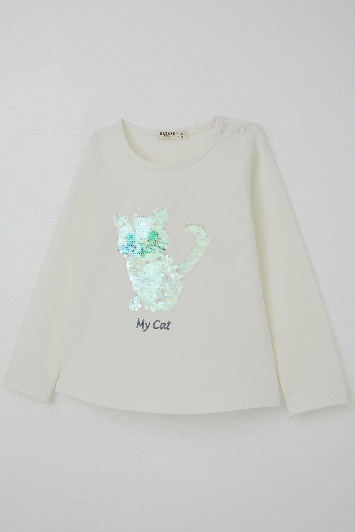 Breeze Kız Çocuk Taytlı Takım Pullu Kedicik Baskılı Nakışlı Ekru (1.5-5 Yaş)