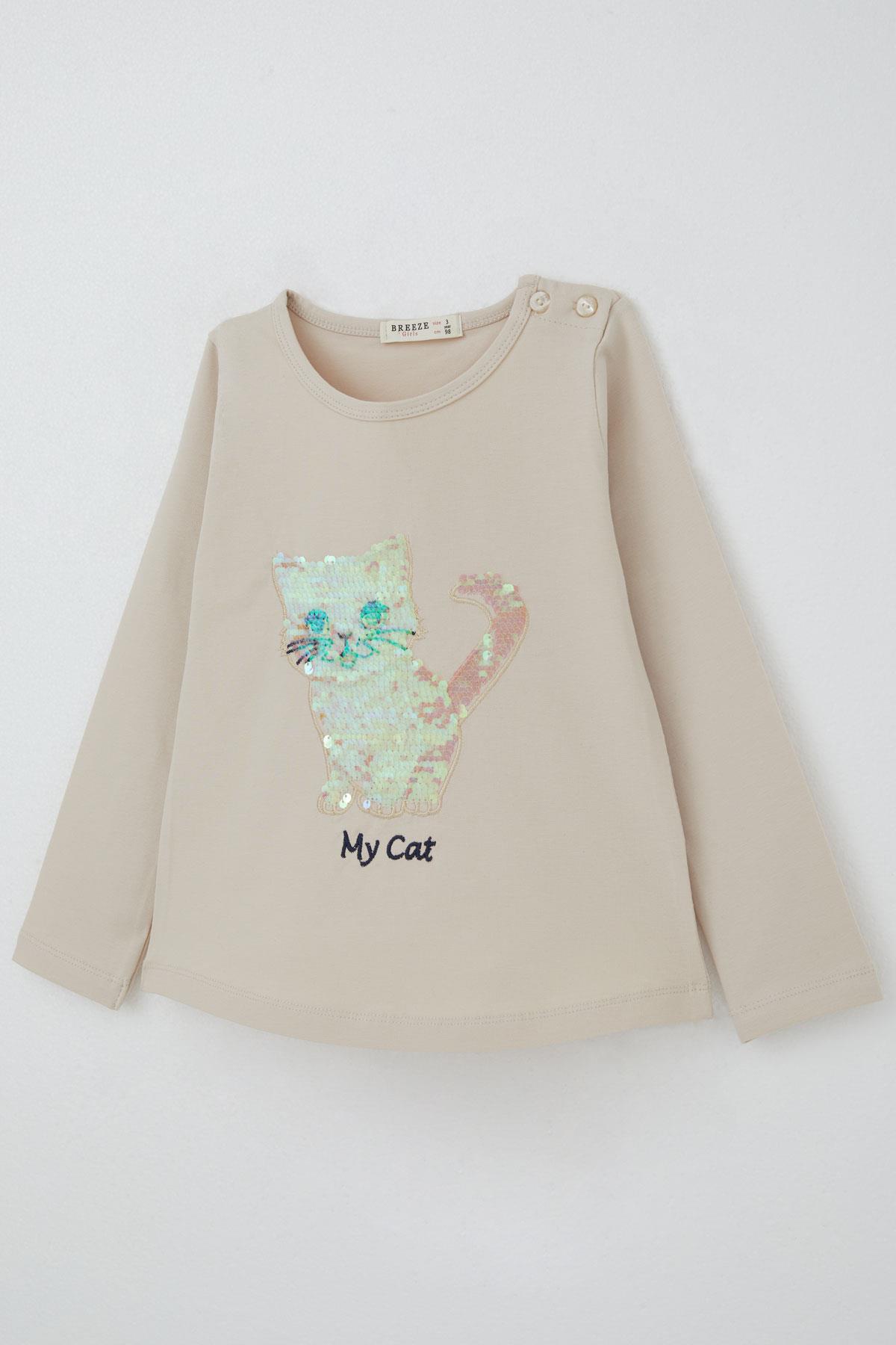 Breeze Kız Çocuk Taytlı Takım Pullu Kedicik Baskılı Nakışlı Bej (1.5-5 Yaş)