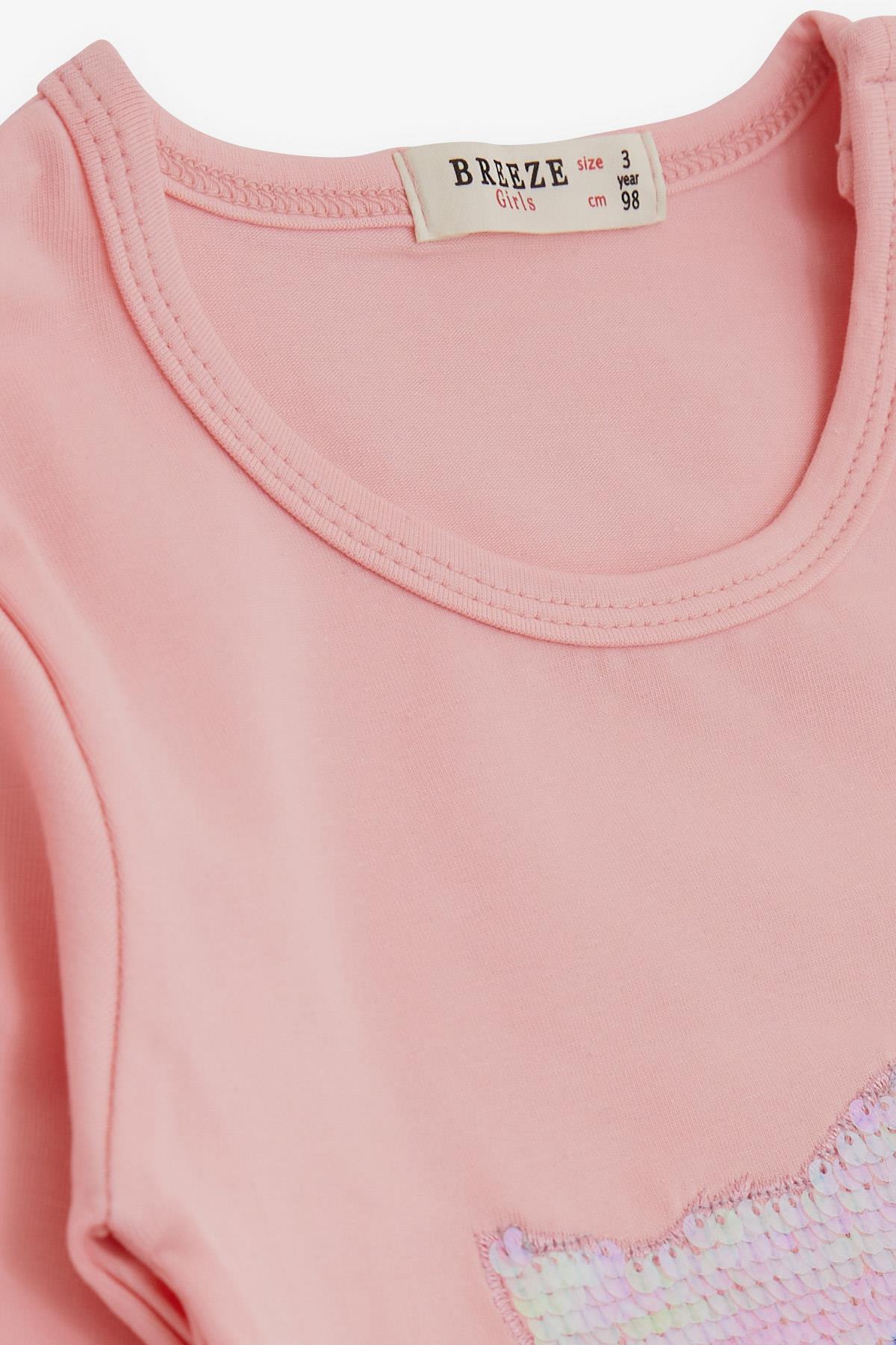 Breeze Kız Çocuk Taytlı Takım Pullu Kedicik Baskılı Nakışlı Pembe (1.5-5 Yaş)