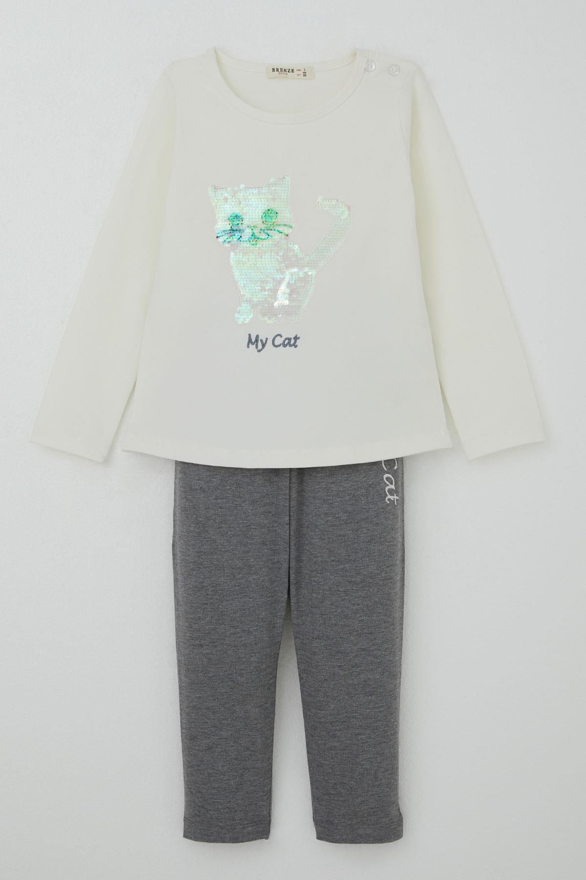 Breeze Kız Çocuk Taytlı Takım Pullu Kedicik Baskılı Nakışlı Ekru (1.5-5 Yaş)