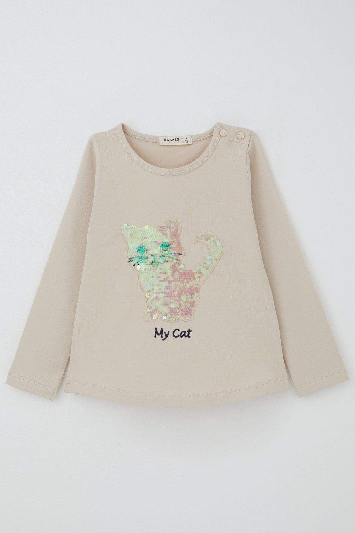 Breeze Kız Çocuk Taytlı Takım Pullu Kedicik Baskılı Nakışlı Bej (1.5-5 Yaş)