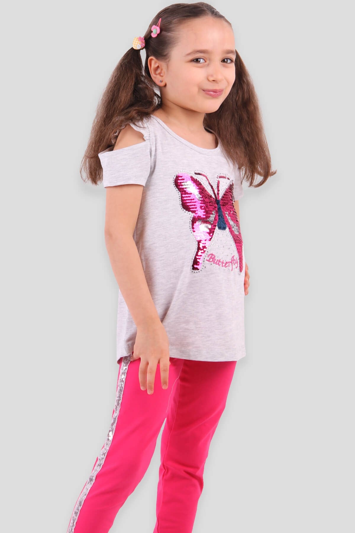 Breeze Kız Çocuk Taytlı Takım Pullu Kelebek Pullu Gri (4-9 Yaş)