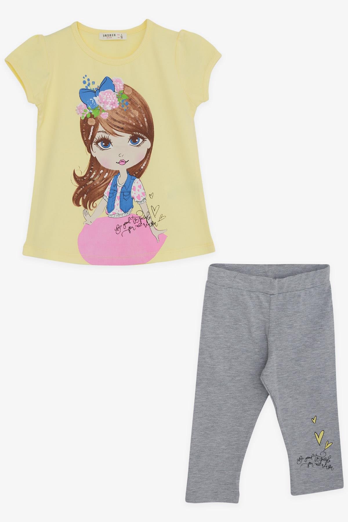 Breeze Kız Çocuk Taytlı Takım Pullu Kız Baskılı Sarı (3-8 Yaş)