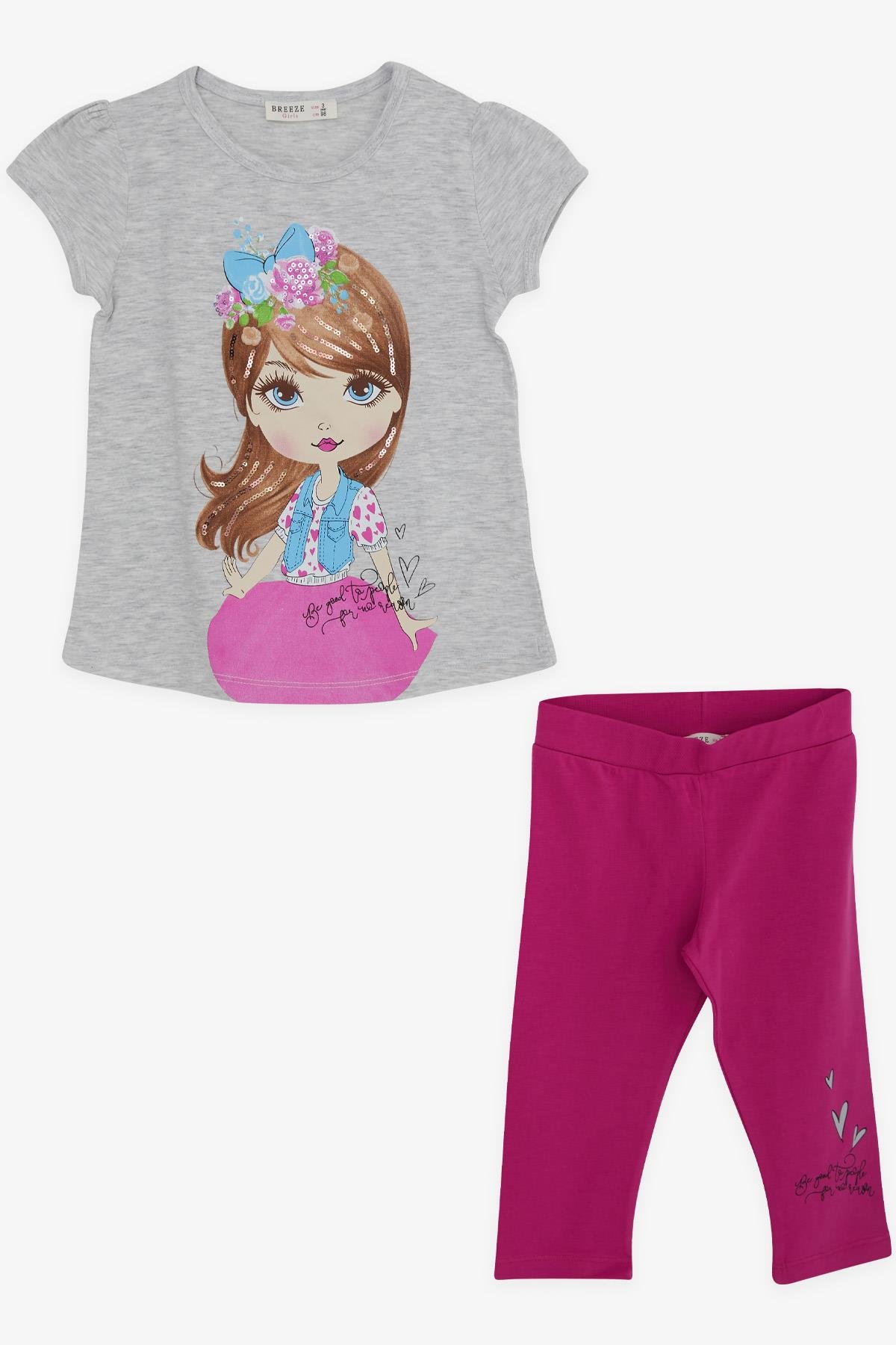 Breeze Kız Çocuk Taytlı Takım Pullu Kız Baskılı Açık Gri Melanj (3-8 Yaş)