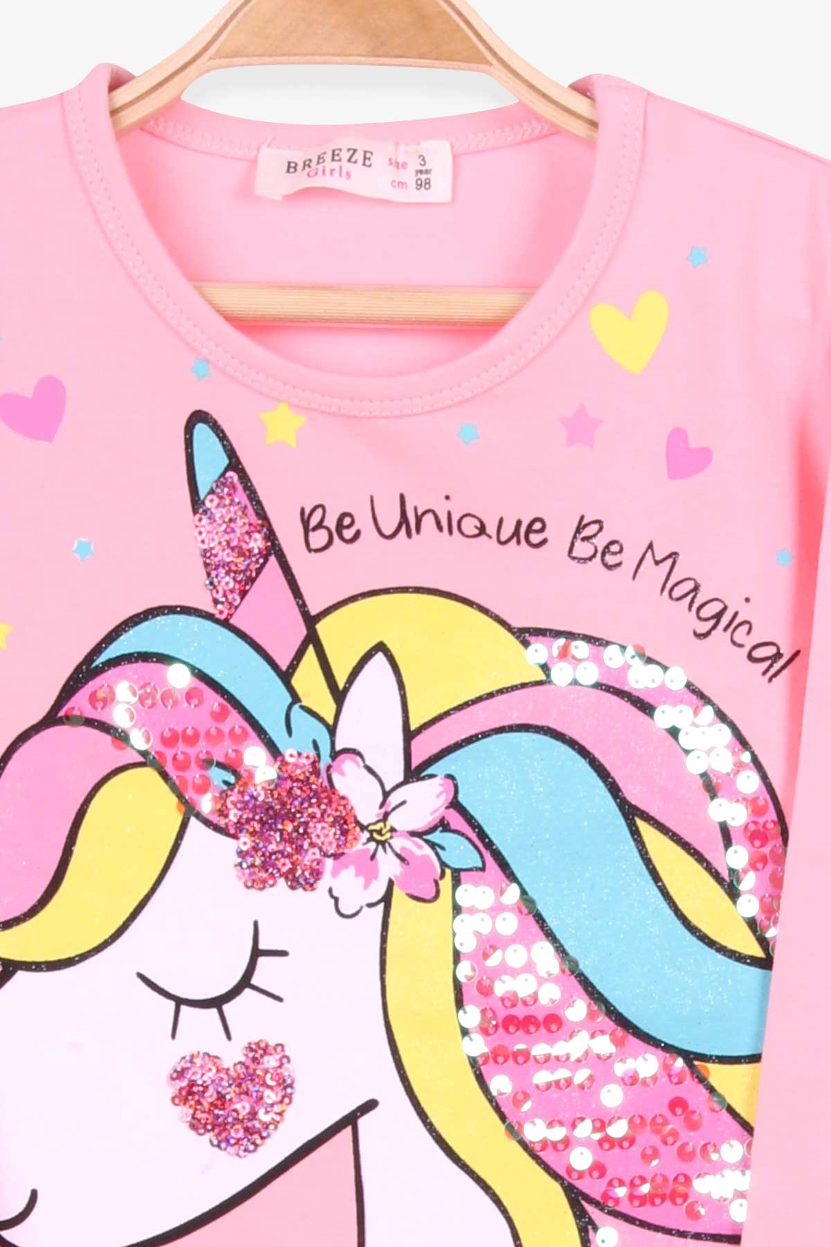 Breeze Kız Çocuk Taytlı Takım Pullu Simli Unicorn Pudra (3-8 Yaş)